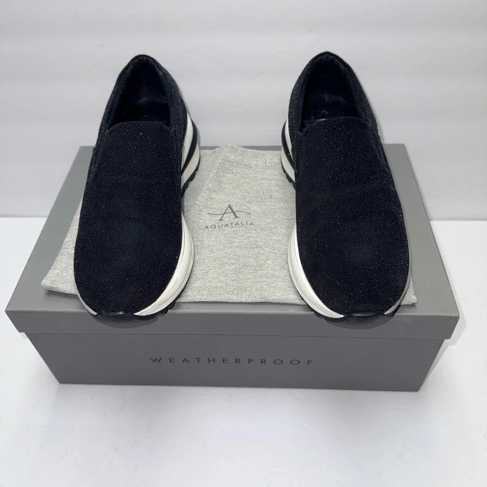 Aquatalia Leola Metallic‎ Suede Platform Slip On Sneakers Black L5019-BLK 5.5M